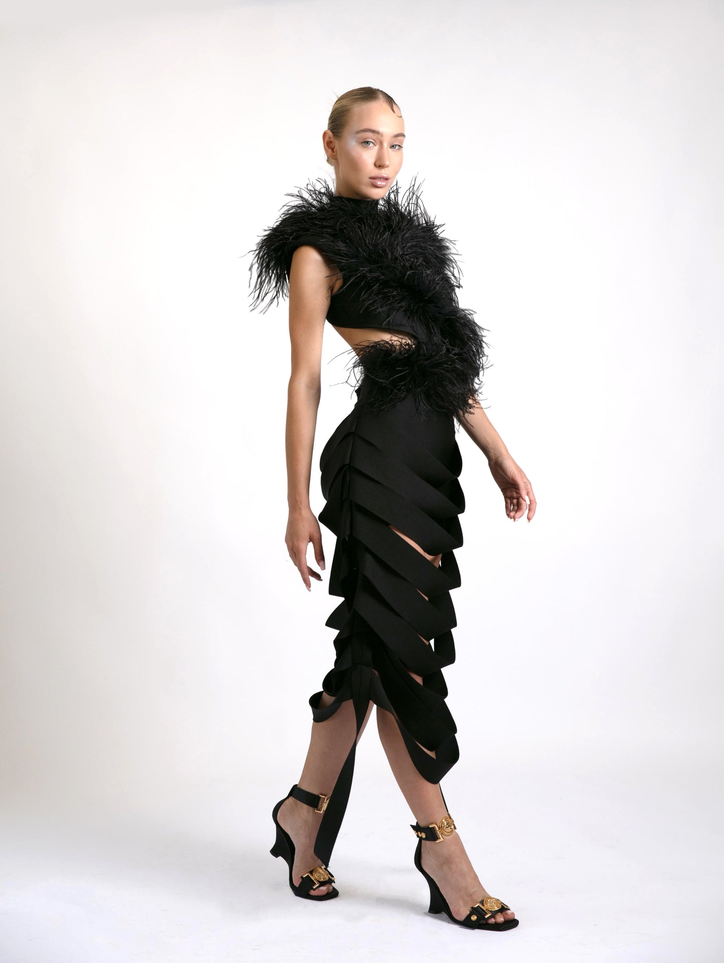 Ostrich feather cut out dress